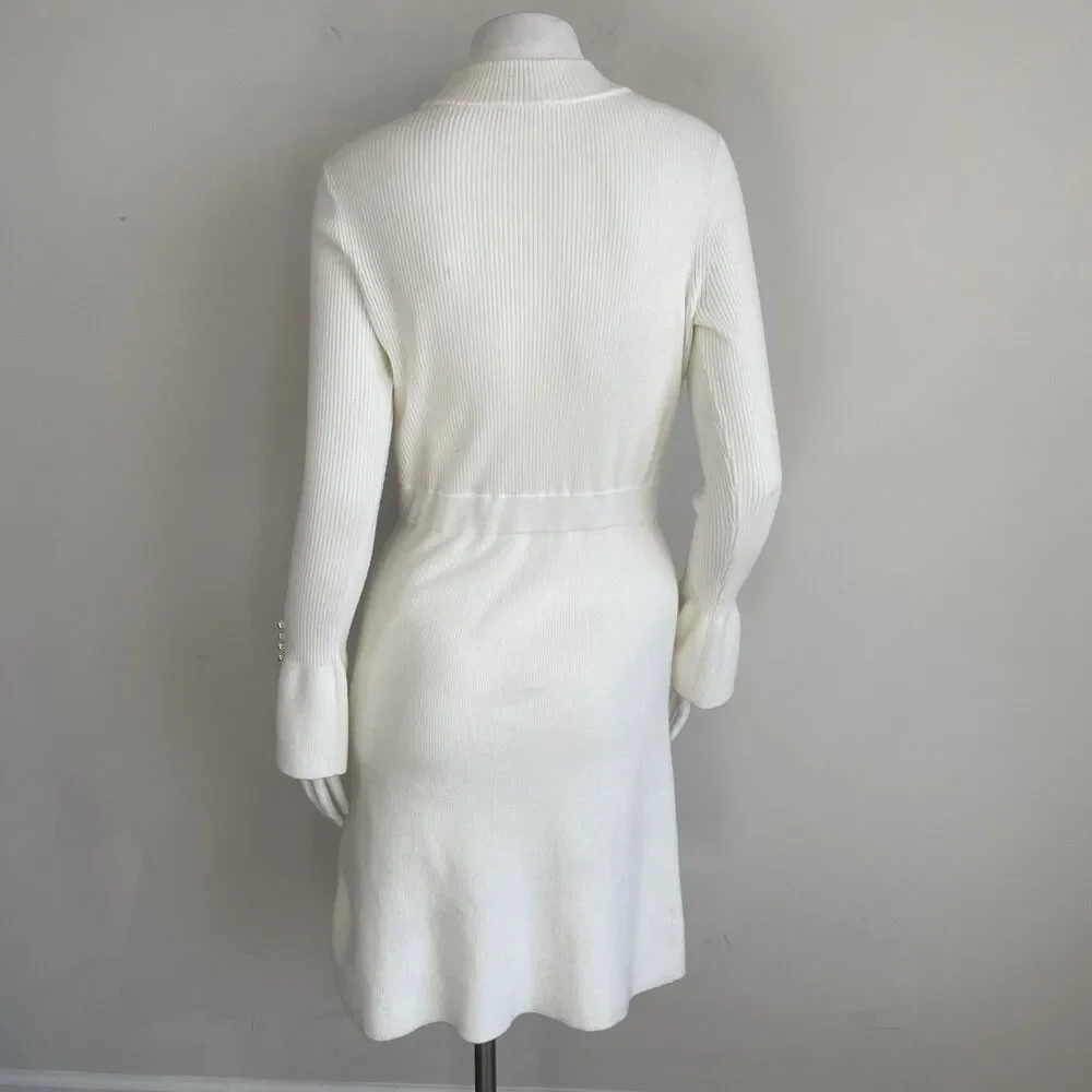 Ann Taylor Pearl Button Cuff Ribbed Mock Neck Long Sleeve Sweater Dress - Small - Picture 7 of 16